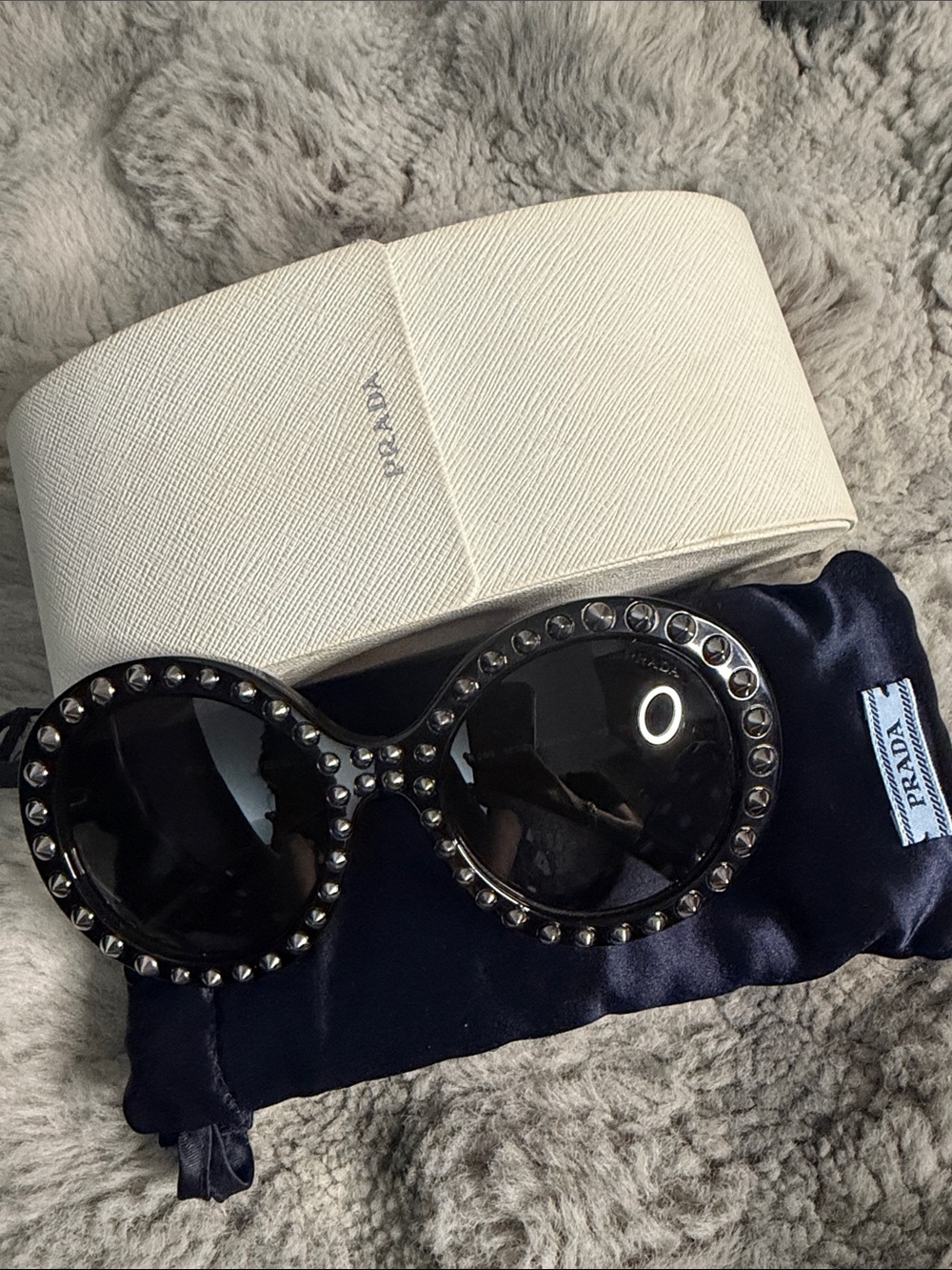 Prada Black Round Sunglasses with Silver Stud Accents - Picture 2 of 12